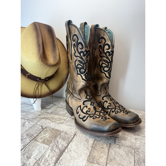 CORRAL Women's Boots Sz 8 1/2M Bronze Turquoise Overlay Snip Toe Cowgirl Western - Picture 2 of 16
